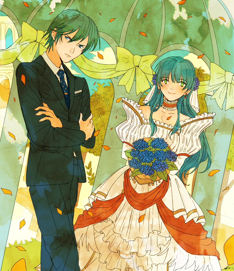 1boy, 1girl, alternate_costume, aqua_hair, bare_shoulders, blue_eyes, bouquet, bride, brother_and_sister, choker, crossed_arms, dress, dutch_angle, eirika, ephraim, fire_emblem, fire_emblem:_seima_no_kouseki, flower, formal, green_eyes, holding, ichiyou_(kazuha1003), looking_at_viewer, neck, nintendo, off-shoulder_dress, orange_choker, petals, serious, siblings, sidelocks, smile, standing, suit, tuxedo, wedding_dress, white_dress