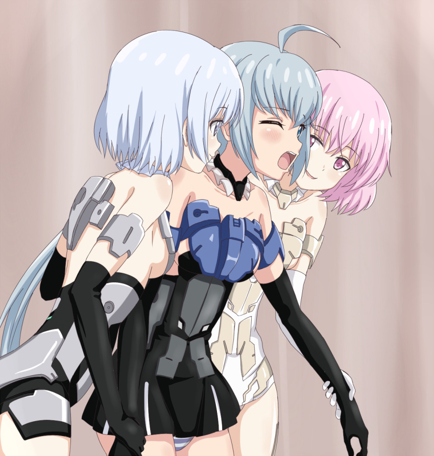 3girls, ahoge, bare_shoulders, black_gloves, blue_hair, elbow_gloves, frame_arms_girl, gloves