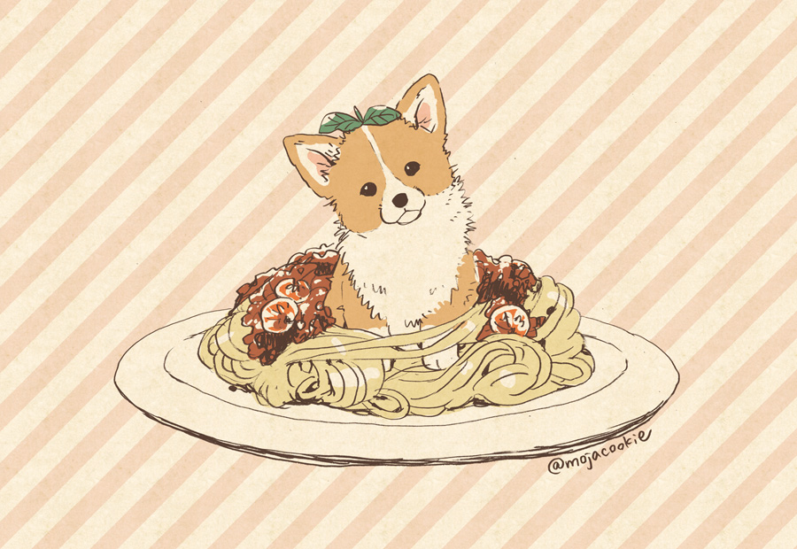 dog, food, meat, mojacookie, no_humans, pasta, plate, signature