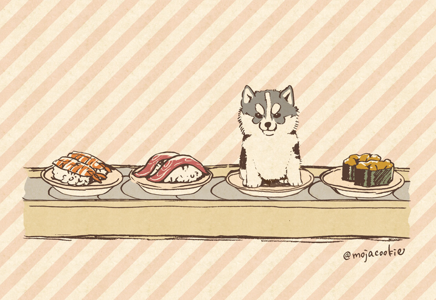 conveyor_belt_sushi, dog, food, husky, mojacookie, no_humans, plate, striped, striped_background, sushi