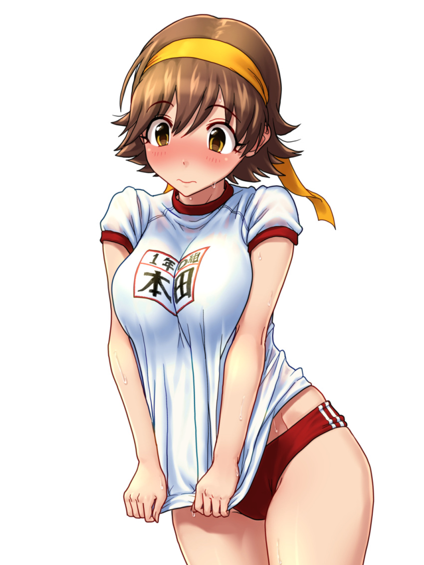 1girl, blush, breast_squeeze, breasts, brown_eyes, brown_hair, buruma, commentary_request