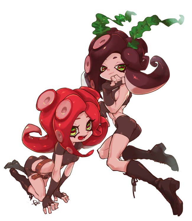 2girls, all_fours, alternate_hair_color, ass, bare_shoulders, bent_over, bike_shorts, black_hair