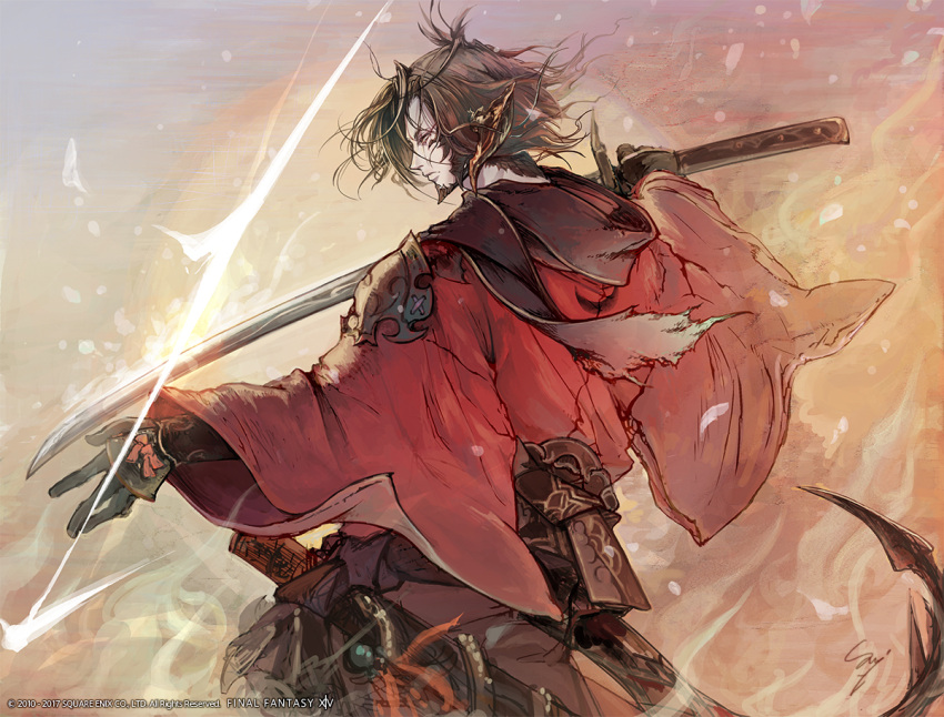 1boy, au_ra, black_hair, copyright_name, final_fantasy, final_fantasy_xiv, gleam, horns