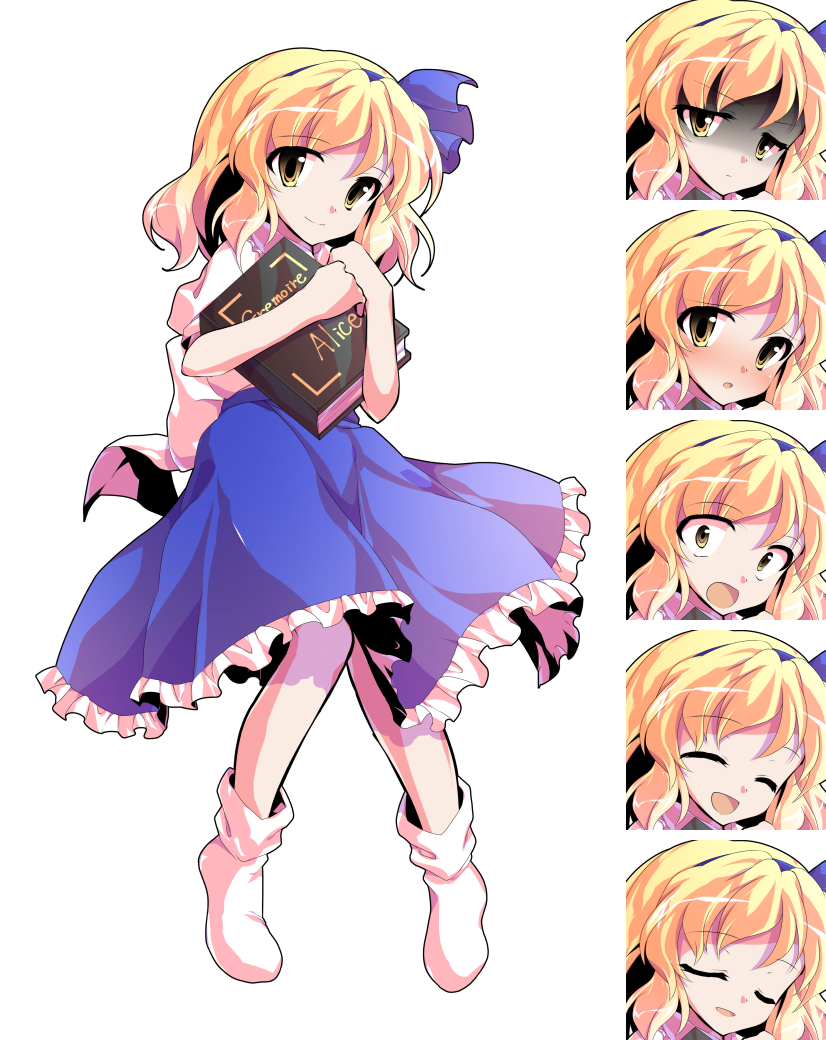 1girl, :d, alice_margatroid, alice_margatroid_(pc-98), alphes_(style), bangs, blonde_hair, blue_bow