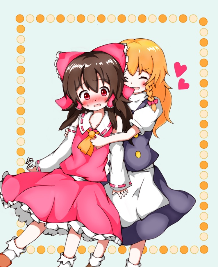 2girls, :d, ^_^, apron, ascot, blonde_hair, blush, bow