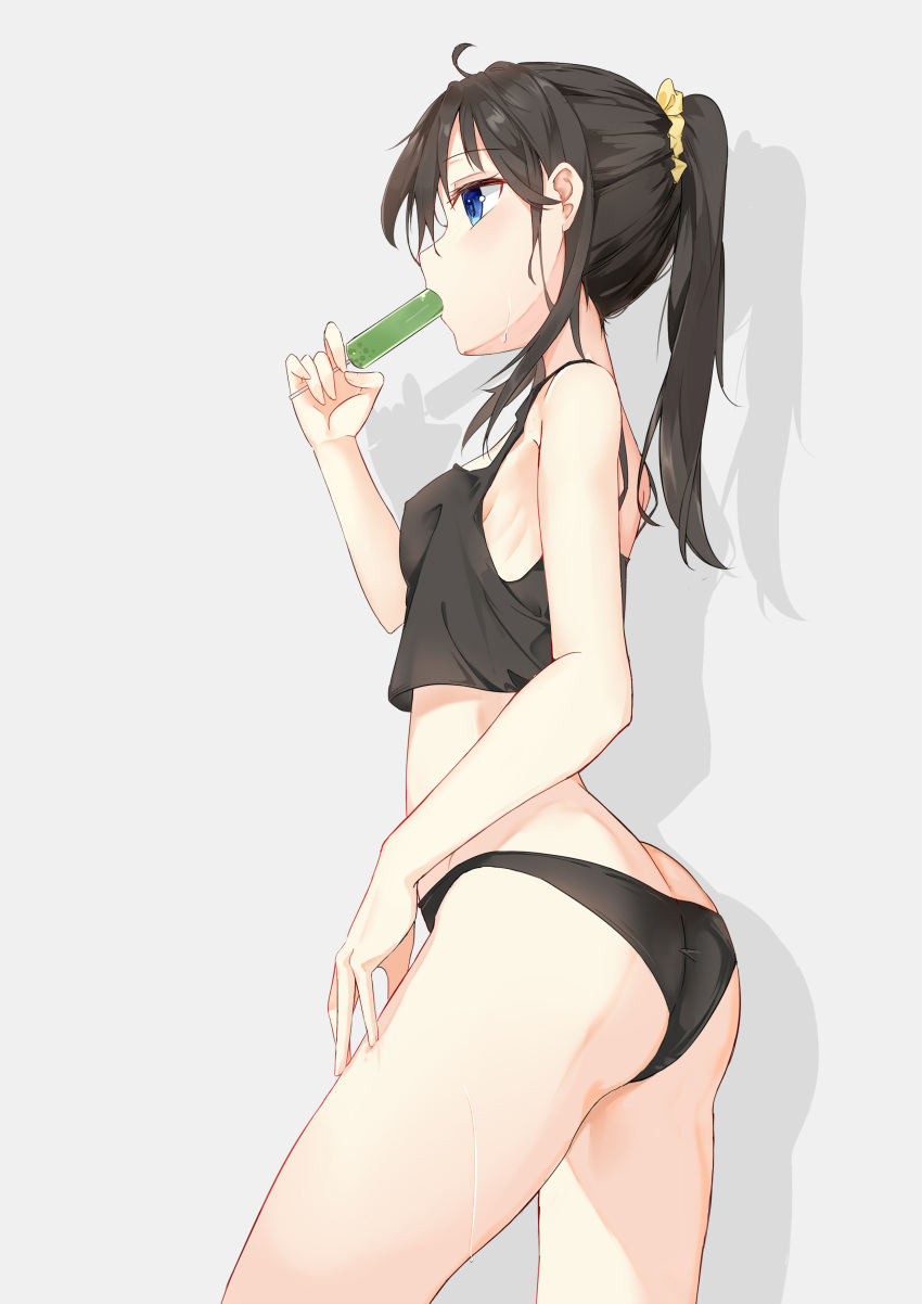 1girl, absurdres, ahoge, ass, bangs, black_hair, blue_eyes, blush