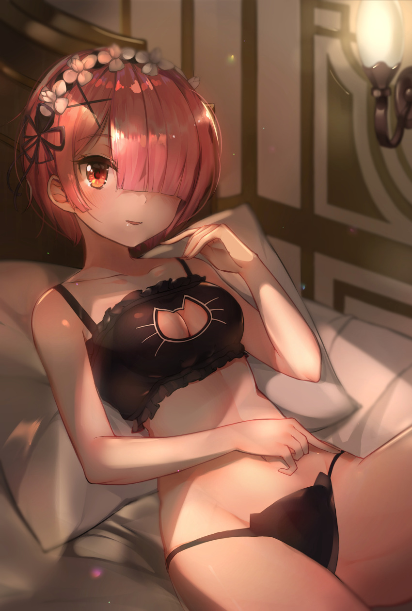 1girl, absurdres, bangs, black_bra, black_panties, black_ribbon, blunt_bangs, blush