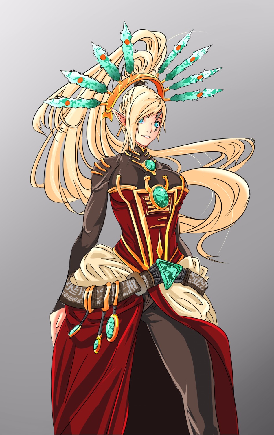 1girl, blonde_hair, blue_eyes, breasts, censored, corset, earrings, eldar