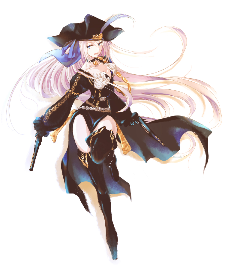 1girl, bangs, bicorne, black_boots, black_dress, black_hat, blue_eyes, blue_ribbon, boots, breasts, character_request, choker, cleavage, collarbone, dress, dual_wielding, full_body, gun, hat, hat_ribbon, holding, holding_gun, holding_weapon, juliet_sleeves, long_hair, long_sleeves, looking_at_viewer, lord_of_vermilion_iii, medium_breasts, parted_lips, pink_hair, puffy_sleeves, ribbon, smile, solo, thigh-highs, thigh_boots, very_long_hair, weapon, yue_(pixiv2547)