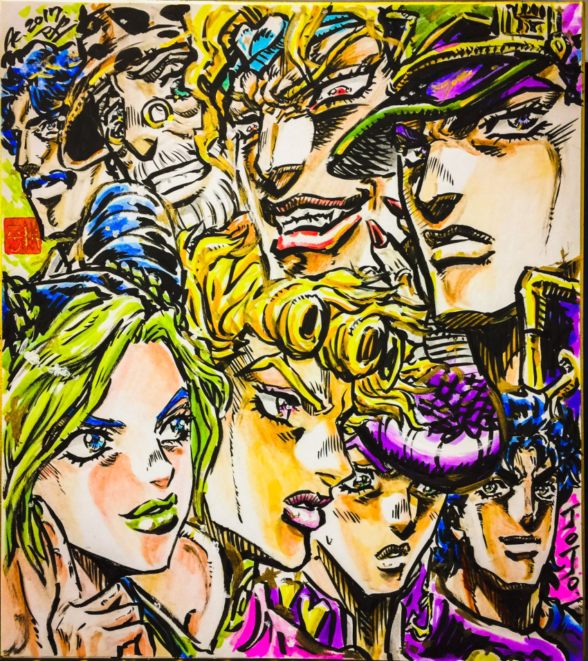 2017, ashiya_kouhei, beard, blonde_hair, blue_eyes, blue_hair, braid, dio_brando