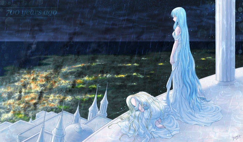 2girls, aqua_eyes, aqua_hair, bare_shoulders, barefoot, breasts, building, burning