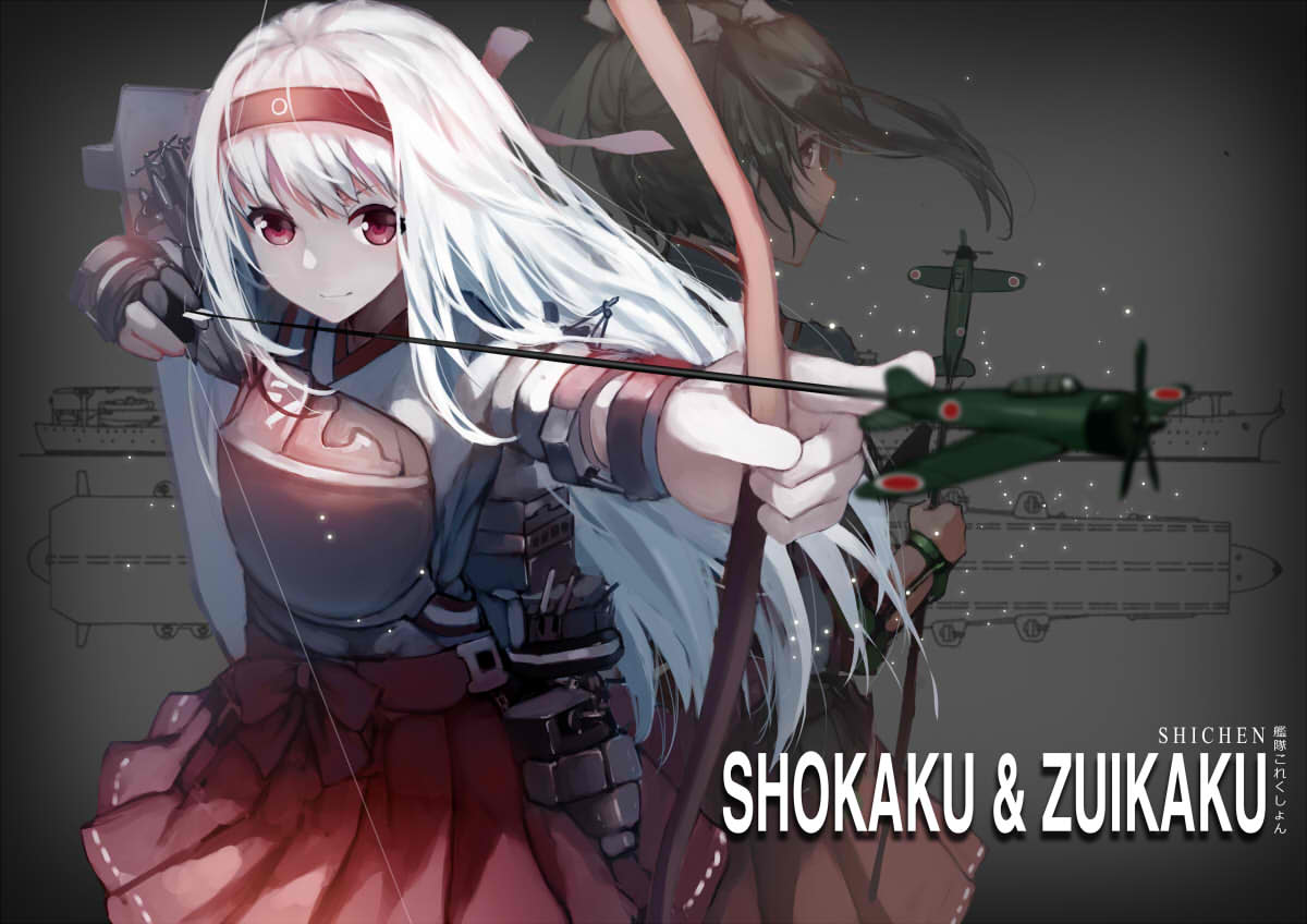 2girls, a6m_zero, aircraft, airplane, arrow, artist_name, blush, bow