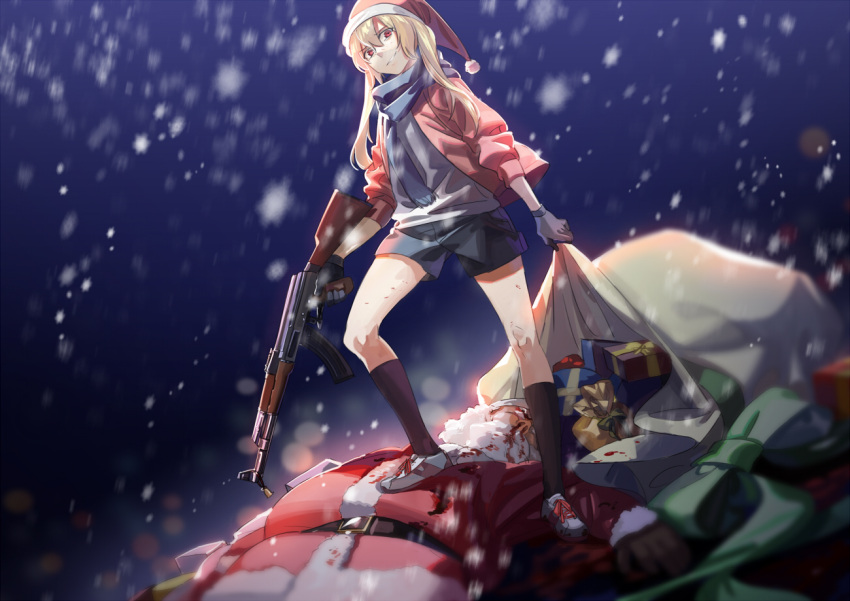 1girl, belt, black_legwear, blonde_hair, blood, blood_splatter, bloody_clothes, blue_scarf, christmas, christmas_is_cancelled, gift, gun, hat, holding, holding_gun, holding_weapon, kneehighs, long_hair, original, parted_lips, red_eyes, rff_(3_percent), ribbon, sack, santa_claus, santa_costume, santa_hat, scarf, sketch, teeth, weapon, yellow_ribbon