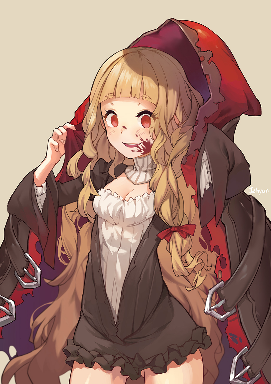 1girl, adjusting_clothes, ass_visible_through_thighs, bangs, blonde_hair, blood, blood_on_face, blunt_bangs, breasts, brown_background, cleavage, cloak, cowboy_shot, empty_eyes, eyebrows_visible_through_hair, eyes_visible_through_hair, highres, hood, hooded_cloak, little_red_riding_hood_(sinoalice), long_hair, long_sleeves, open_mouth, red_eyes, simple_background, sinoalice, sjh, very_long_hair