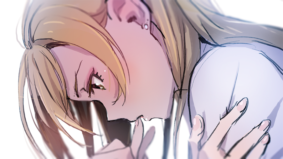 1girl, blonde_hair, brown_eyes, earrings, face, finger_to_mouth, from_side, hand_on_another's_shoulder, idolmaster, idolmaster_cinderella_girls, jewelry, lips, long_hair, looking_down, luncheon_meat_umai, matsunaga_ryou, solo_focus