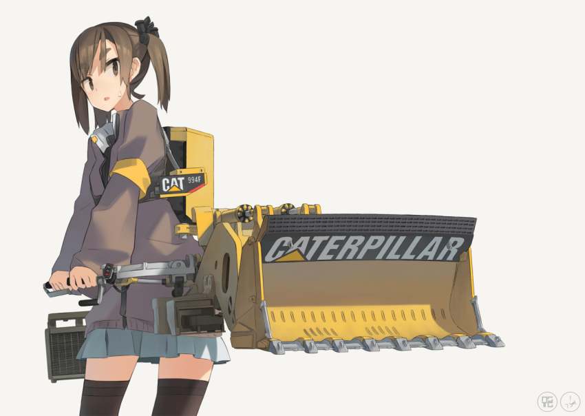 1girl, :o, armlet, astg, black_legwear, blue_skirt, brown_eyes, brown_hair, caterpillar_(company), cowboy_shot, long_sleeves, looking_to_the_side, machine, machinery, mecha_musume, open_mouth, original, personification, pleated_skirt, puffy_long_sleeves, puffy_sleeves, simple_background, skirt, solo, standing, sweatdrop, thigh-highs, twintails, zettai_ryouiki