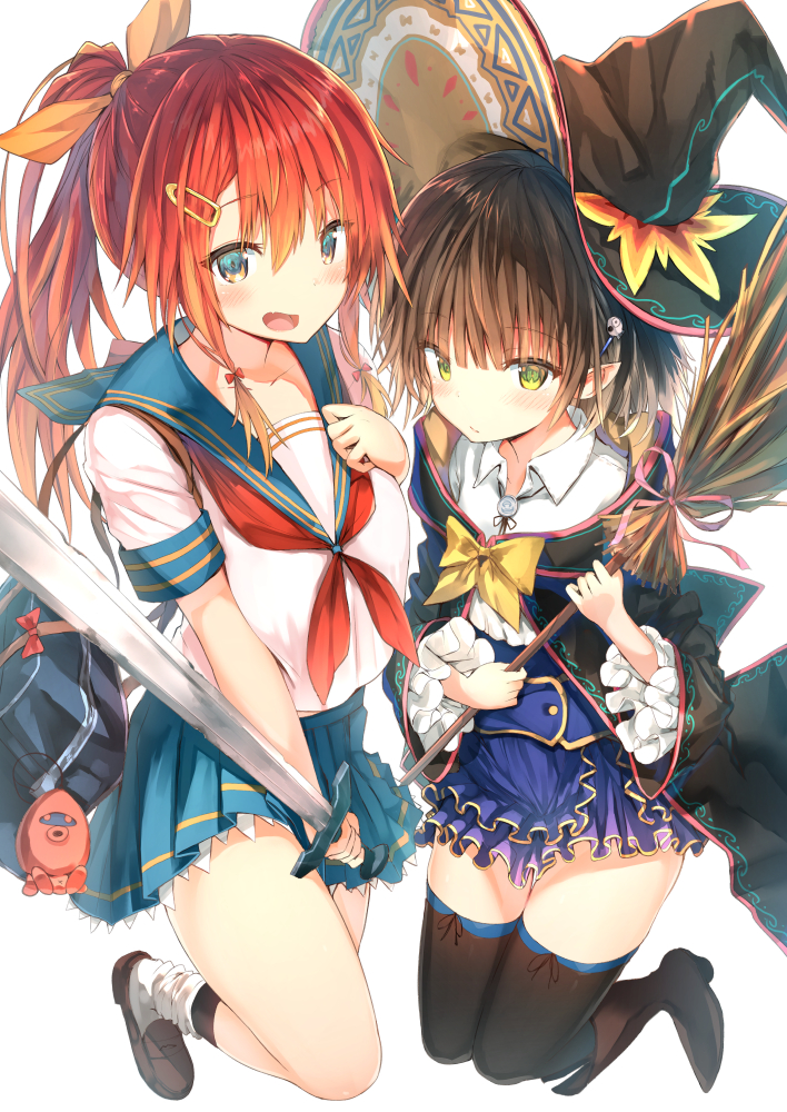 2girls, black_cape, black_hair, black_legwear, blue_eyes, blue_skirt, blush, boots