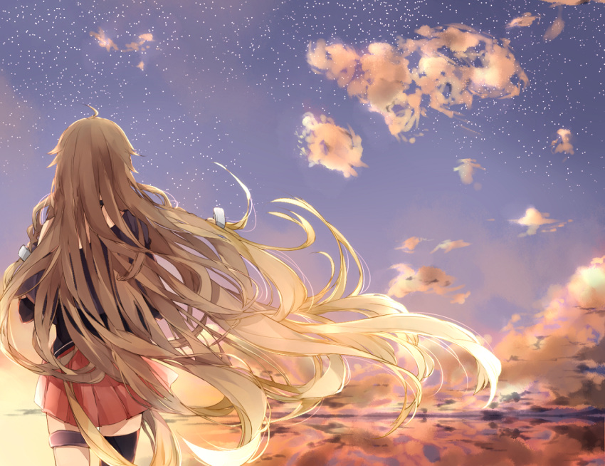 1girl, absurdly_long_hair, asymmetrical_legwear, black_legwear, black_shirt, brown_hair, clouds, cloudy_sky