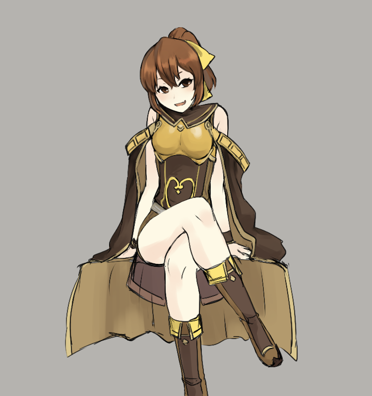 1girl, asutarou, bare_shoulders, boots, breastplate, brown_eyes, brown_hair, cape