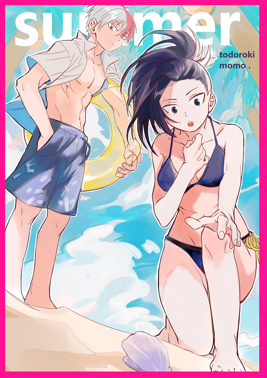 1boy, 1girl, :o, abs, bare_chest, beach, bikini, black_hair