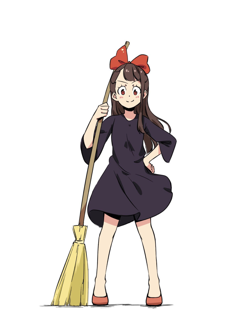 1girl, blush, bow, broom, brown_hair, cosplay, dress, full_body