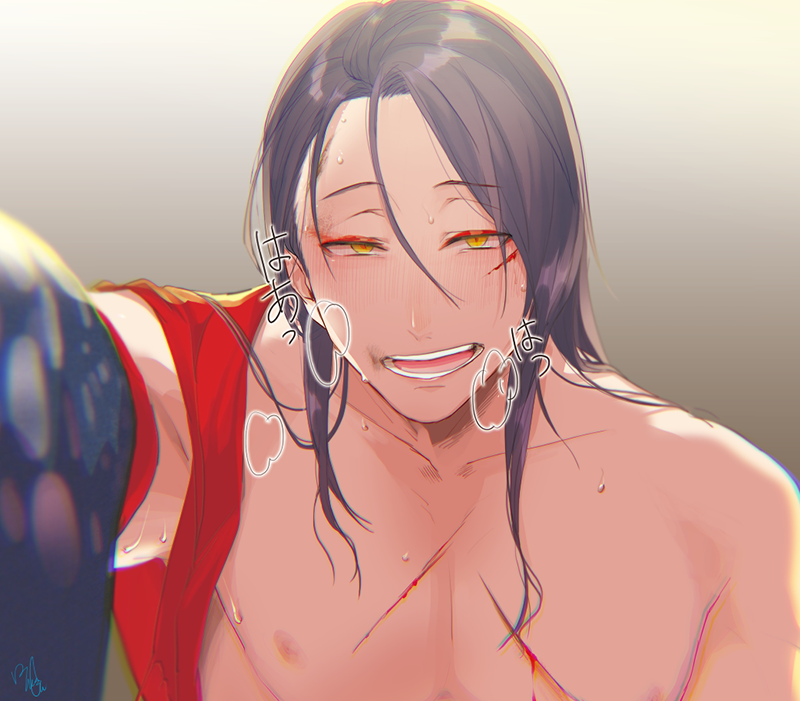 1boy, against_fourth_wall, black_hair, blood, blood_on_face, gradient, gradient_background, grey_background