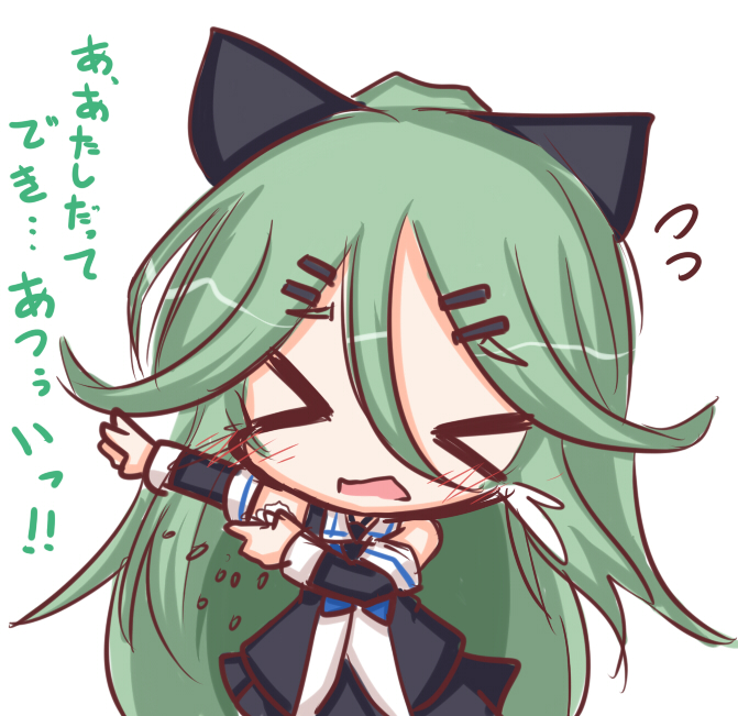 >_<, 10s, 1girl, bare_shoulders, chibi, closed_eyes, detached_sleeves, green_hair