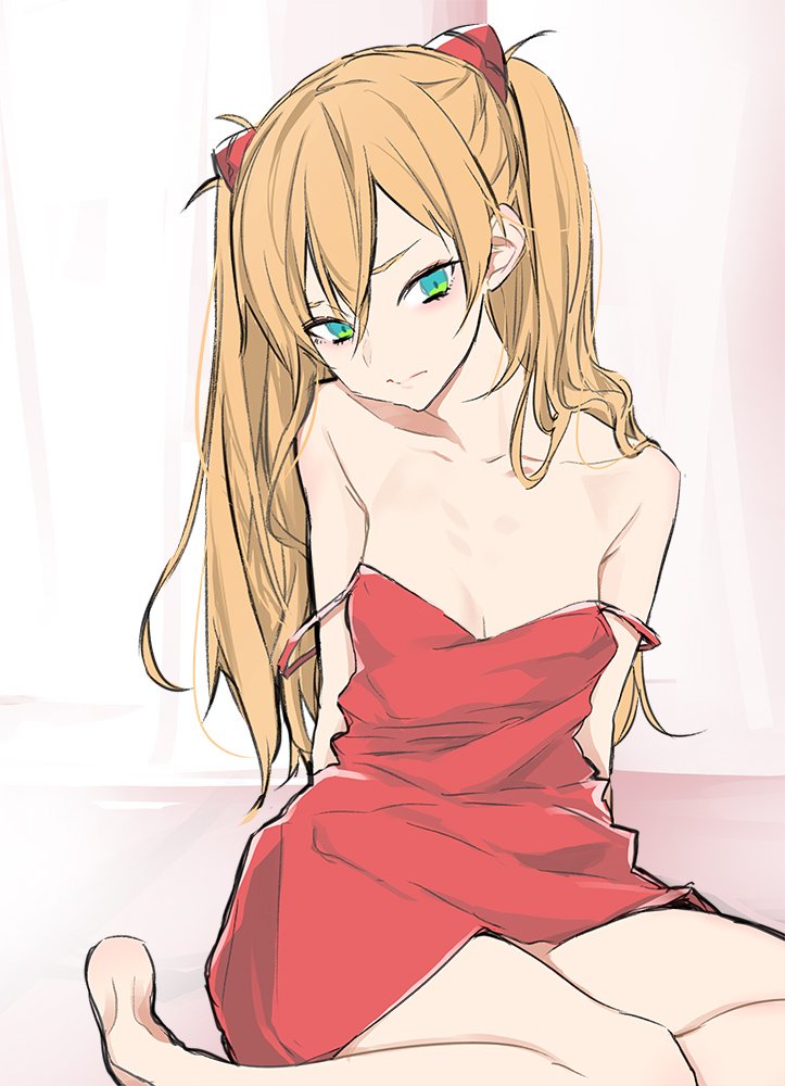 1girl, bare_legs, bare_shoulders, barefoot, breasts, dress, frown, green_eyes