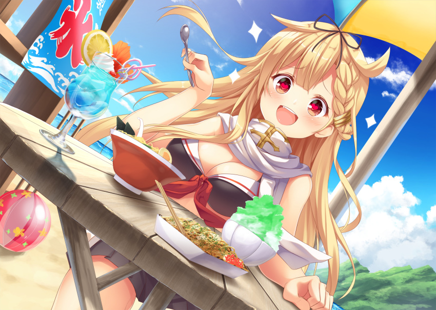 10s, 1girl, :d, adapted_costume, asymmetrical_hair, ball, bangs, beach
