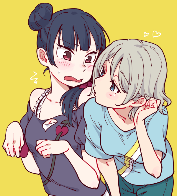 /\/\/\, 2girls, bangs, blue_eyes, blue_hair, blush, bra_strap, breasts