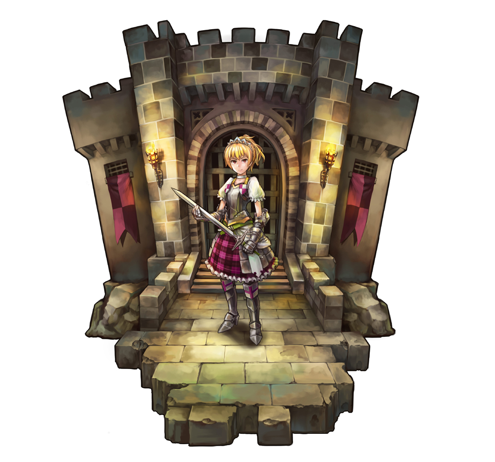 1girl, armor, banner, blonde_hair, brick_floor, brick_wall, choker, circlet
