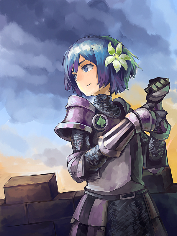 1girl, armor, belt, blue_eyes, blue_hair, breastplate, brick_wall, chainmail, flower, gauntlets, hair_flower, hair_ornament, kurio, looking_afar, original, pauldrons, plate_armor, short_hair, sky, solo