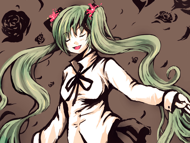 flower, green_hair, hatsune_miku, koumurio, long_hair, skirt, twintails, vocaloid