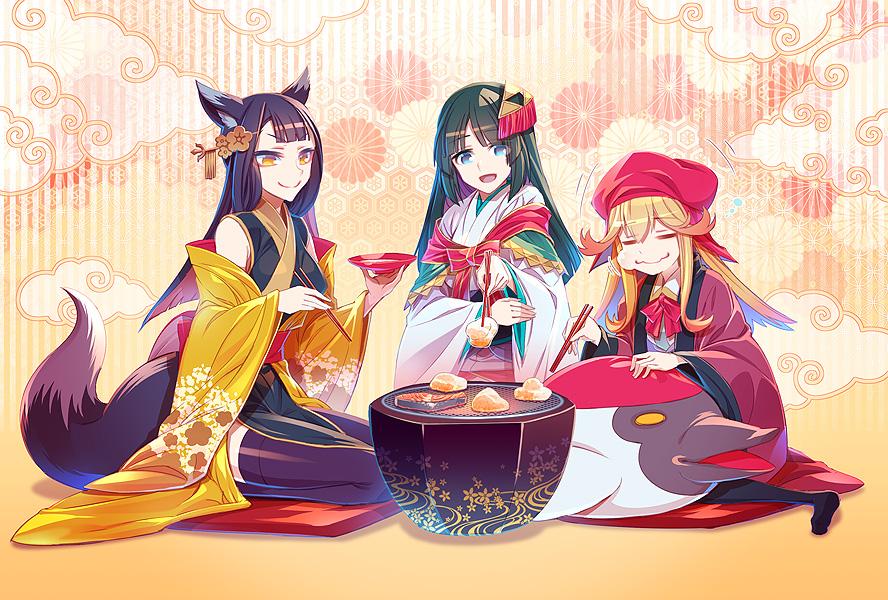 >:), 3girls, animal_ears, black_hair, blonde_hair, blue_eyes, chopsticks, cup, detached_sleeves, eating, food, fox_ears, fox_tail, fukuoka_(oshiro_project), hair_ornament, hat, japanese_clothes, mochi, multiple_girls, odawara_(oshiro_project), open_mouth, oshiro_project, sakazuki, seiza, sitting, stuffed_animal, stuffed_toy, tail, wagashi, yamagata_(oshiro_project), zabuton, zounose