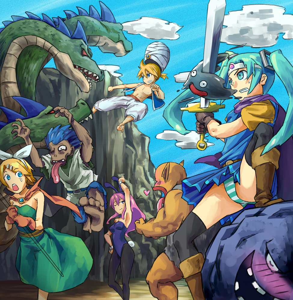 animal_ears, aqua_eyes, aqua_hair, blonde_hair, blue_eyes, blue_hair, boots, bow