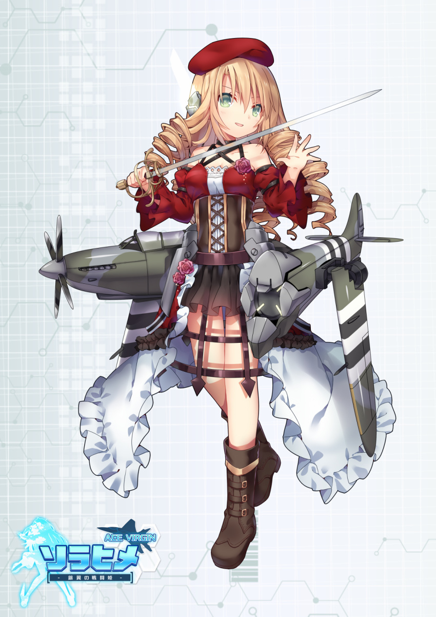 1girl, :d, ace_virgin, aqua_eyes, bare_shoulders, beret, blonde_hair, cockpit