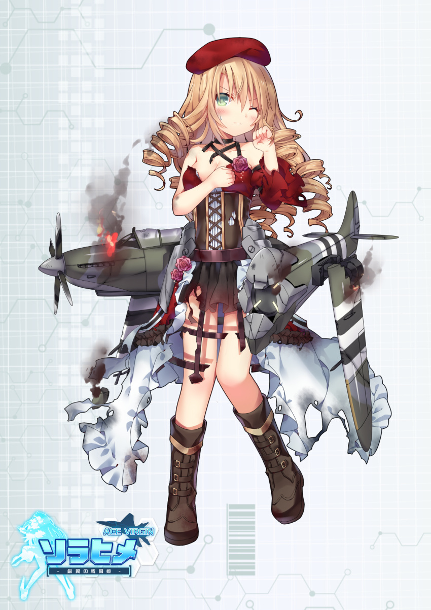 1girl, ace_virgin, aqua_eyes, bare_shoulders, beret, blonde_hair, cockpit, collarbone