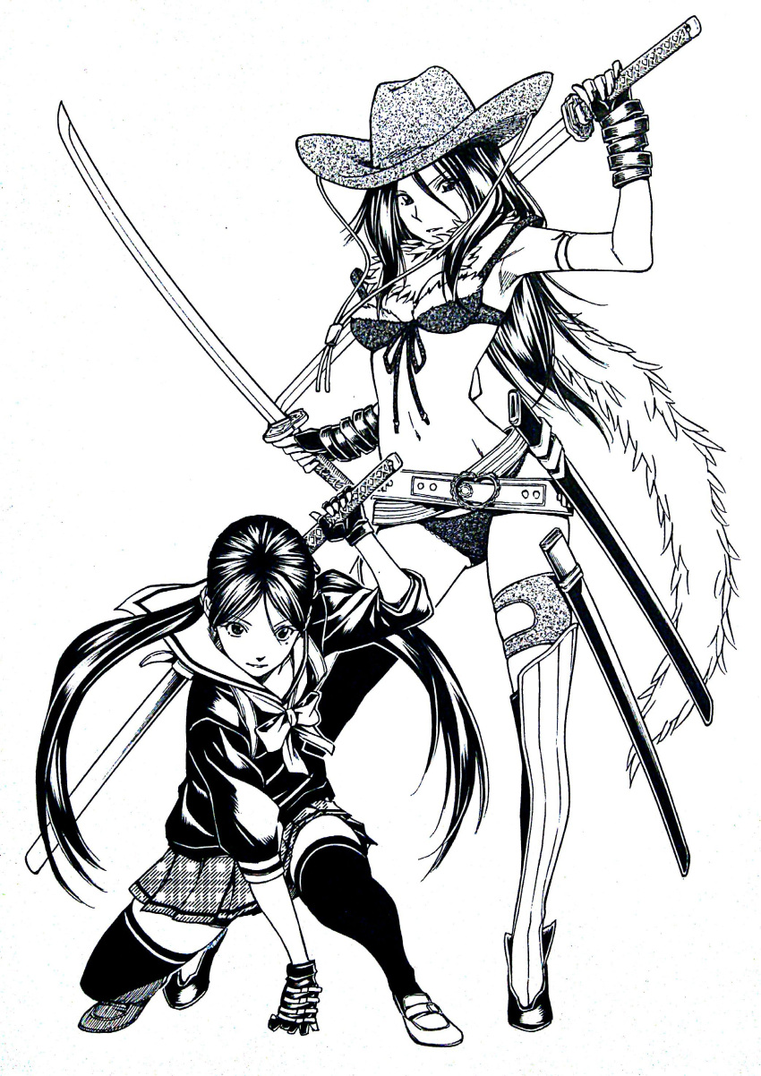 2girls, 6j-k-en1223, absurdres, armpits, aya_(oneechanbara), belt, bikini, breasts