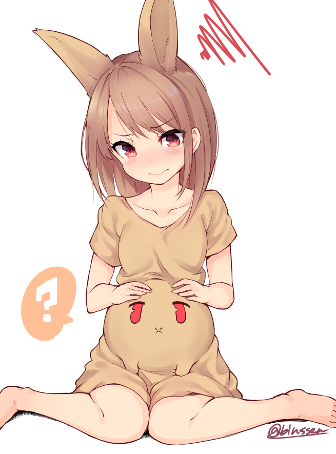 1girl, :>, ?, animal_ears, artist_name, bangs, bare_legs, barefoot, binsen, blush, breasts, brown_hair, character_request, check_commentary, closed_mouth, collarbone, commentary, commentary_request, dot_nose, dress, extra_ears, eyebrows_visible_through_hair, eyelashes, eyes_visible_through_hair, furrowed_eyebrows, hands_on_own_stomach, hands_up, head_tilt, knees_together_feet_apart, lips, long_hair, looking_down, original, pregnant, rabbit_ears, red_eyes, short_sleeves, simple_background, sitting, small_breasts, solo, speech_bubble, spoken_question_mark, squiggle, swept_bangs, twitter_username, wariza, white_background, yellow_dress