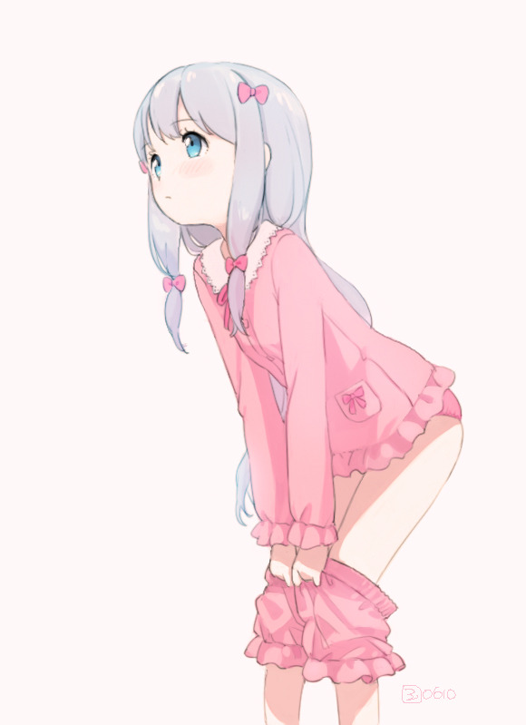 1girl, beige_background, blue_eyes, blush, bow, breasts, closed_mouth, eromanga_sensei