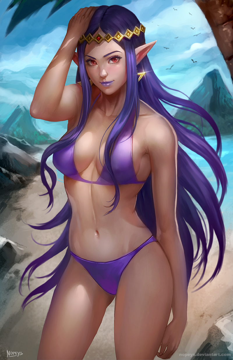 1girl, beach, bikini, breasts, cleavage, earrings, erect_nipples, hand_on_own_head