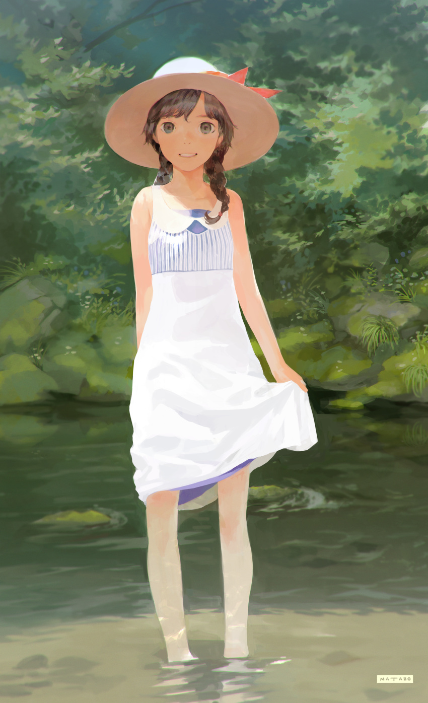 1girl, absurdres, braid, brown_eyes, brown_hair, commentary, dress, dress_lift