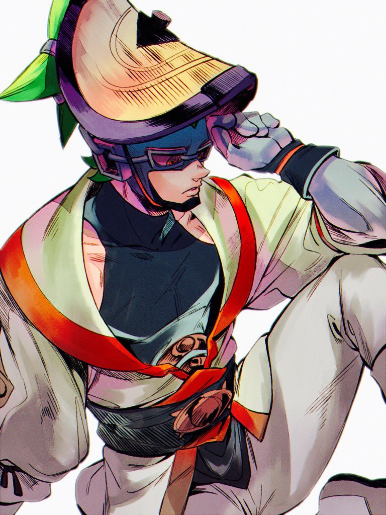 1boy, alternate_costume, arms_(game), domino_mask, dougi, green_hair, grey_background, humanization, japanese_clothes, mask, ninjara_(arms), nkraae, orange_hair, parted_lips, simple_background, sitting, sleeveless, solo, wristband