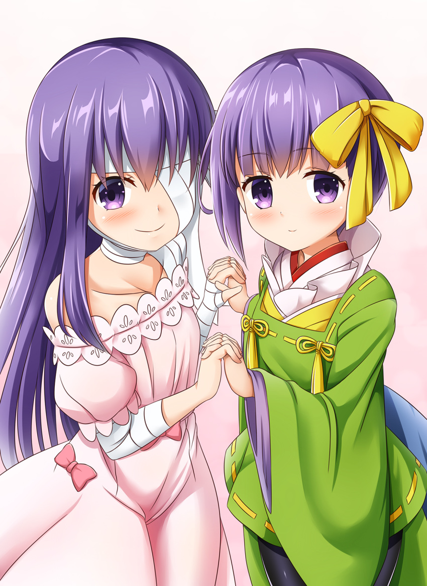 2girls, bandage, bandage_over_one_eye, bandaged_arm, bandaged_head, bangs, bike_shorts, black_shorts
