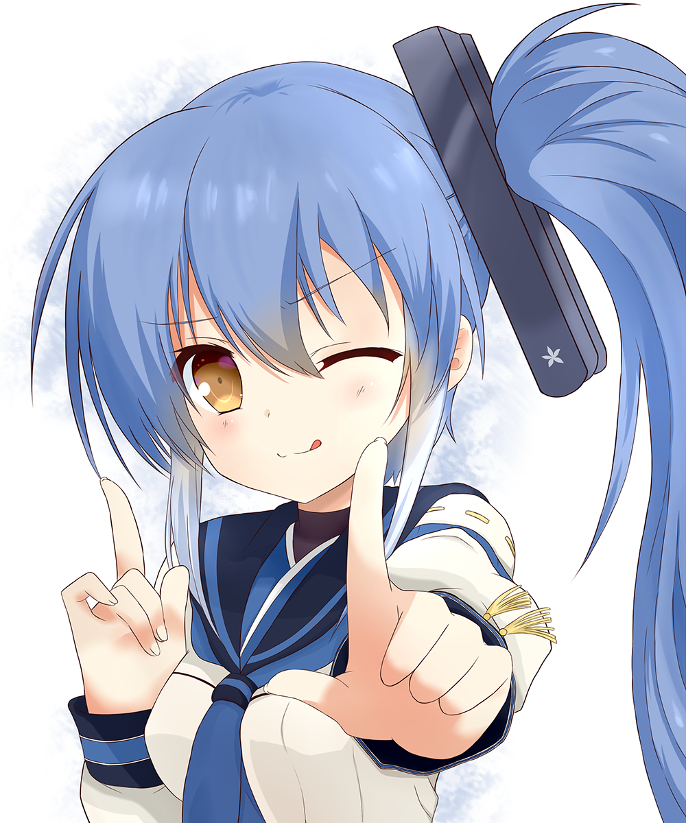 1girl, arashi_(zhan_jian_shao_nyu), blue_hair, erniang, hairband, highres, index_finger_raised, koi_dance, looking_at_viewer, one_eye_closed, outstretched_arm, sailor_collar, side_ponytail, simple_background, smile, tongue, tongue_out, yellow_eyes, zhan_jian_shao_nyu