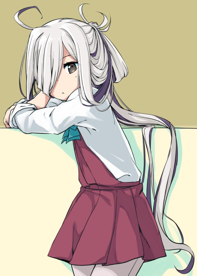 10s, 1girl, against_wall, ahoge, asashimo_(kantai_collection), blue_bow, bow, brown_hair, grey_legwear, hair_flowing_over, hair_over_one_eye, hair_ribbon, kantai_collection, leaning, long_hair, looking_at_viewer, moti_coi, ribbon, shirt, skirt, solo, very_long_hair, white_ribbon, white_shirt