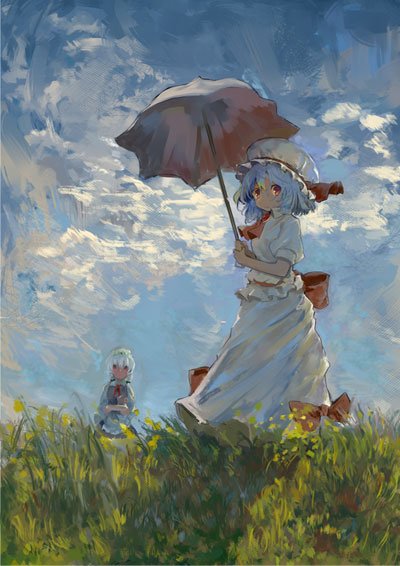 2girls, :|, apron, ascot, blue_eyes, blue_sky, bow, braid