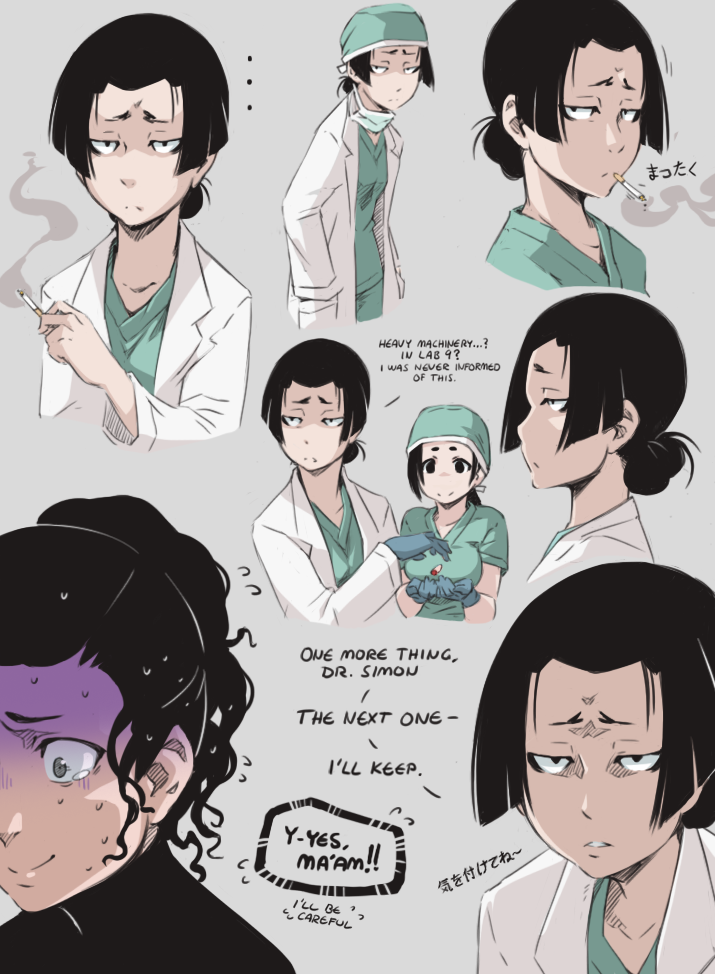 3girls, black_eyes, black_hair, cigarette, dr._m.s., english, grey_background, labcoat