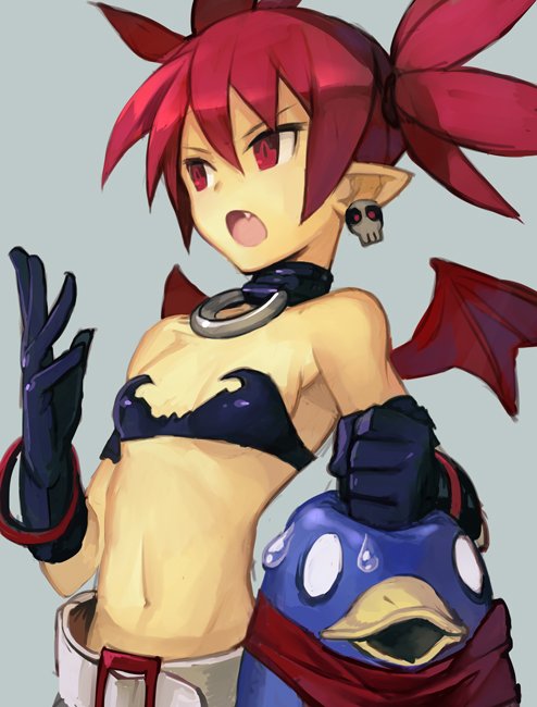 bat_wings, bikini_top, bracelet, breasts, choker, clenched_hand, demon_girl, disgaea, earrings, etna, fang, gloves, hankuri, jewelry, makai_senki_disgaea, navel, o_o, open_mouth, pointy_ears, prinny, prinny_(series), prinny_~ore_ga_shujinkou_de_iinsuka?~, red_eyes, red_scarf, redhead, scarf, skull_earrings, small_breasts, sweatdrop, white_belt, wings