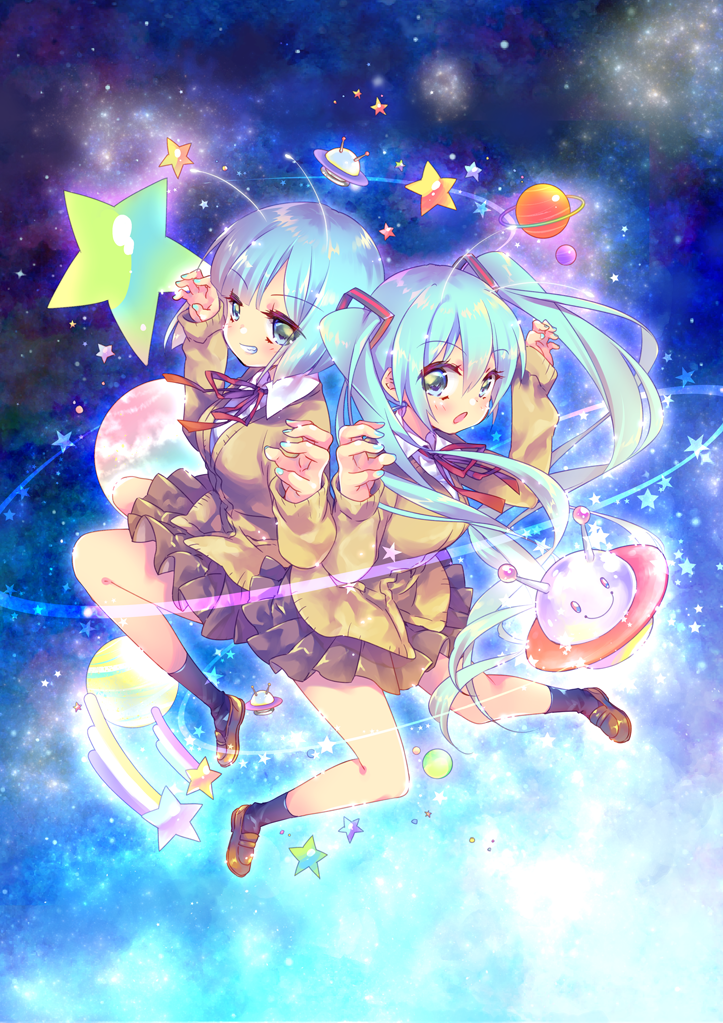 2girls, alien_alien_(vocaloid), andromedako, andromedako_(coplay), antennae, aqua_eyes, aqua_hair, bangs, blunt_bangs, ech, hatsune_miku, long_hair, looking_at_viewer, multiple_girls, ribbon, school_uniform, short_hair, twintails, vocaloid